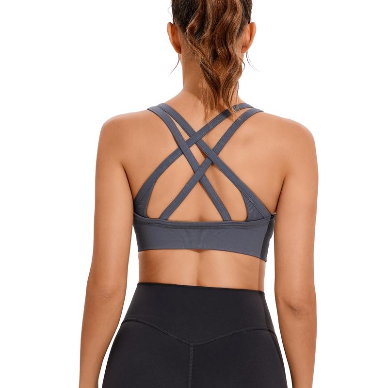 Women's High Support Sports Bra - Criss-Cross Back, Removable Cups, Medium Support, Ultra-Stretch, Moisture-Wicking, Seamless Ribbed Knit Yoga Bra with Naked Feeling