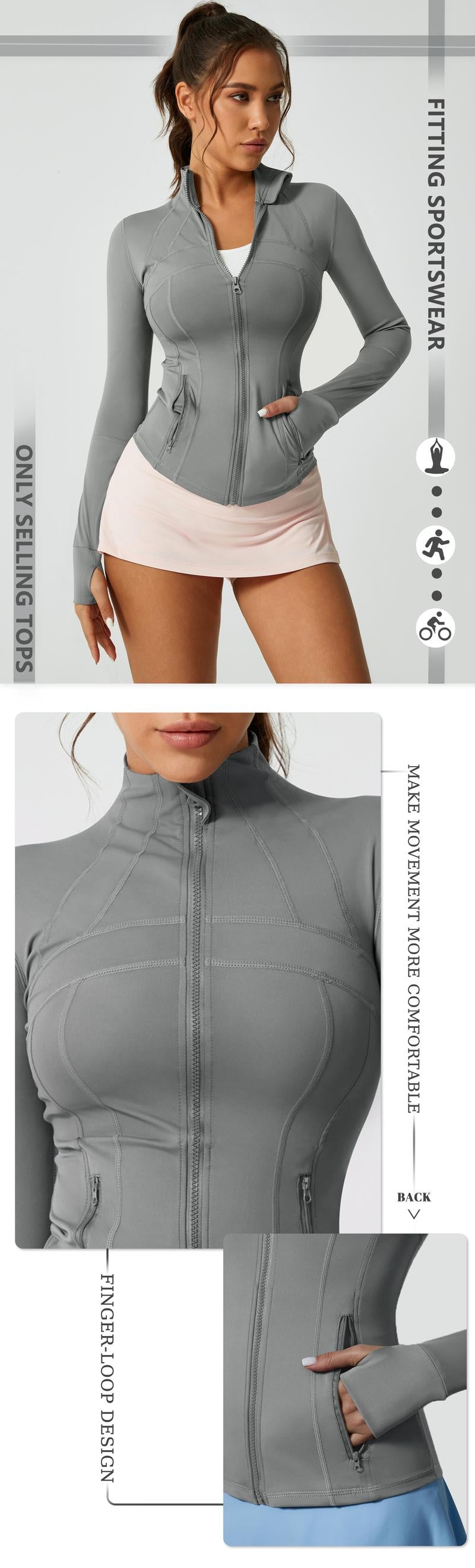 Women's Solid Color Multi-Functional Paneled Zippered Sports Yoga Jacket,gym workouts, badminton, and casual exercise. workout clothes women Design