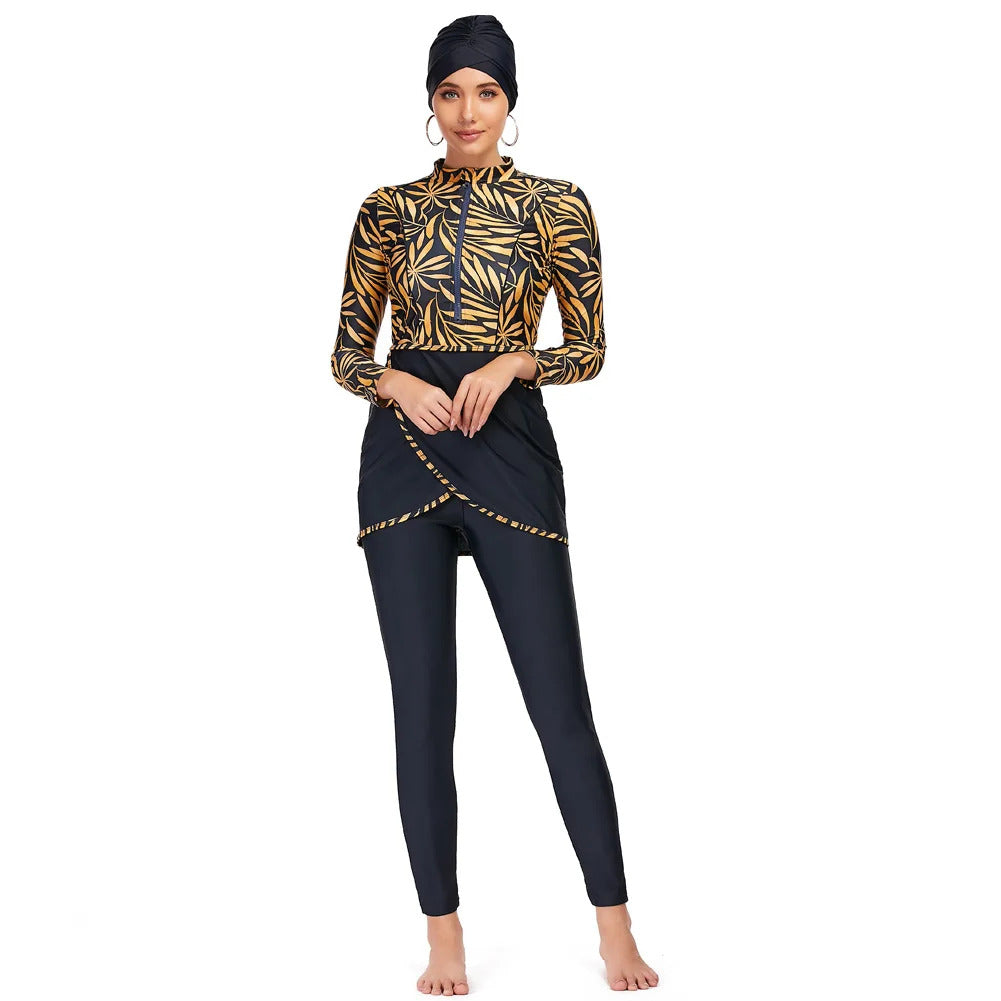 New Muslim Swimwear Women Modest Patchwork Hijab Long Sleeves Sport Swimsuit 3pcs Islamic Burkinis Wear Bathing Suit