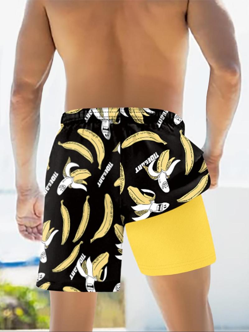 Men's All Over Print 2 in 1 Drawstring Waist Swimming Beach Shorts, Casual Quick Drying Swim Shorts for Summer, Men's Swimwear for Beach Vacation Outdoor, Clothing, Summer Swim Bottoms, Summer Swim Trunks, Swimbottoms, Swimtrunks