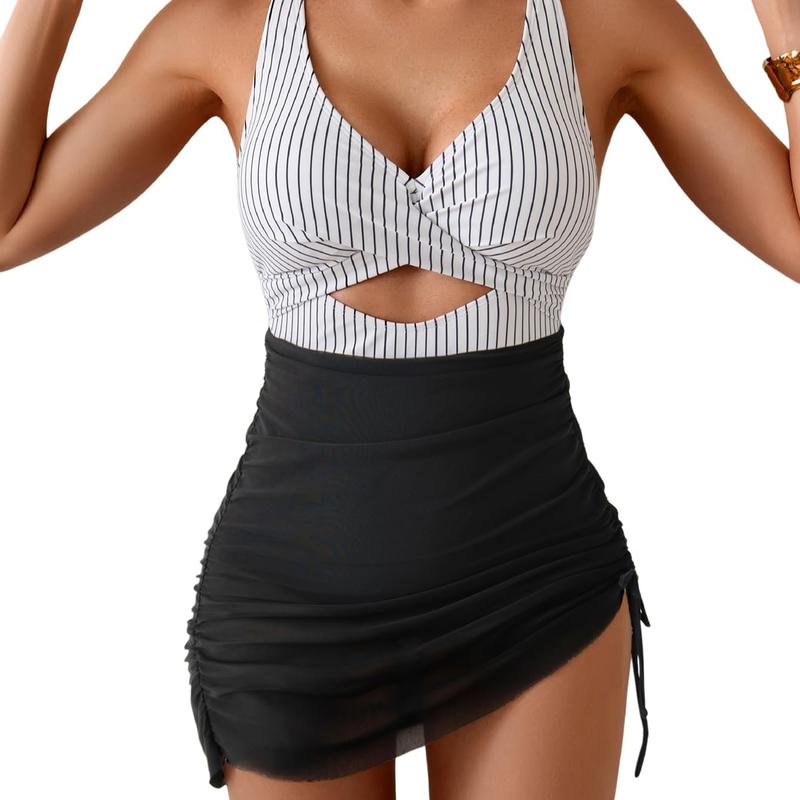 Women Mesh One Piece Swimdress Swimsuit Tummy Control V Neck Cutout Bathing Suit Wrap Drawstring Sarong Swimwear Deals for You Days