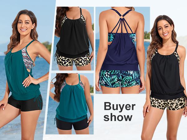Womens Tankini Swimsuits Two Piece Tummy Control Bathing Suits Blouson Tankini Top with Sporty Boy Shorts Plus Size Tankini Swimsuits for Women Swimwear Swimsuits for Curvy Women  dealsforyoudays