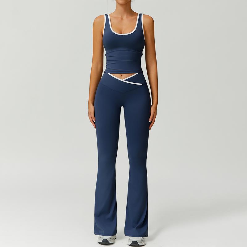 Color Block U-Neck Piped Tank & Bell Bottom Set , Stretch Fabric, Flared Fit , Yoga, Gym, Outdoor & Daily Athleisure , Wome Stylish Activewearn's Summer Lounge Sweatsuits Sleeveless Exercise