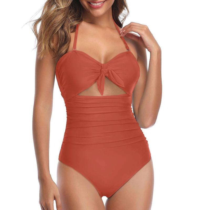 Women Sexy Cutout One Piece Swimsuits Tummy Control High Waisted Halter Front Tie Knot Bathing Suit Plus Size Full Coverage Swimsuit for Women
