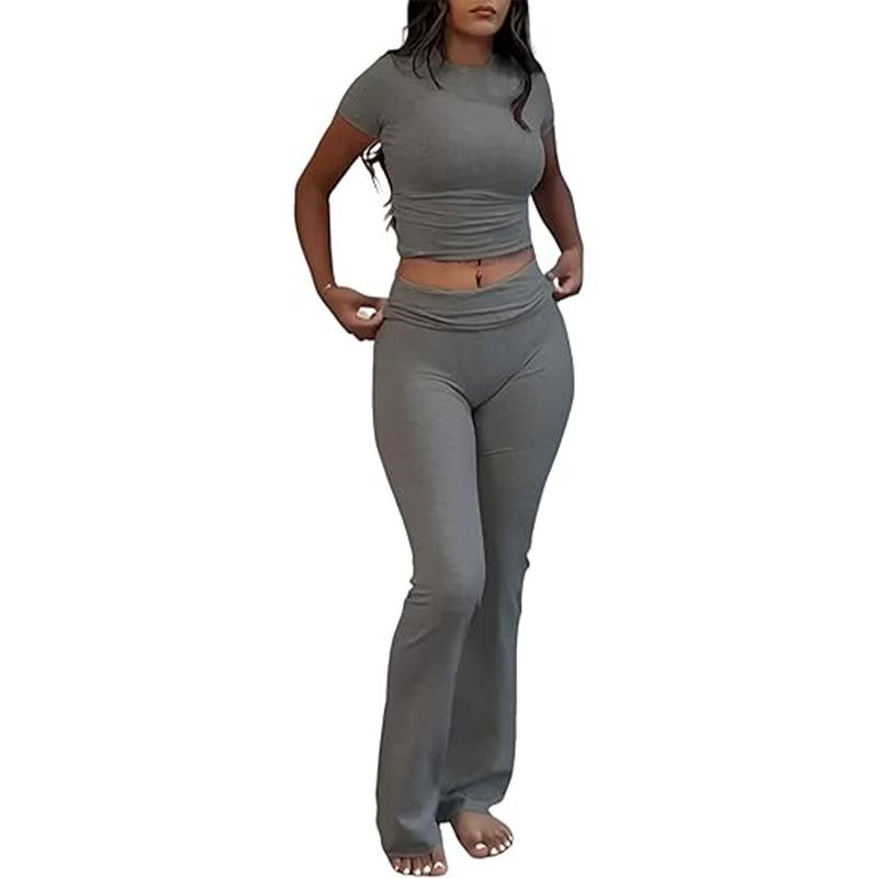Yoga Women's two-piece casual wear slim fit short sleeved top, low waist bell bottom pants tight pants set, yoga sportswear set, yoga suit, sportswear, slim fit set, fitness set, pajamas set   tracksuits men Loungewear Womenswear Outfit