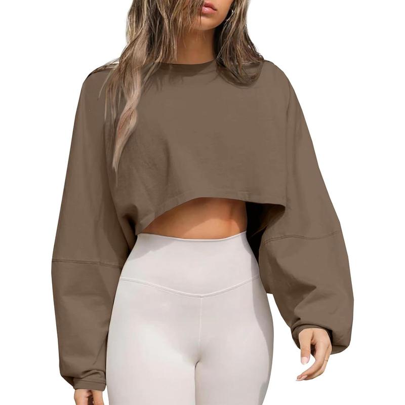 Womens Long Ballon Sleeve Sweatshirts Tops Cropped Crew Neck Loose Fit Casual Workout Shirts