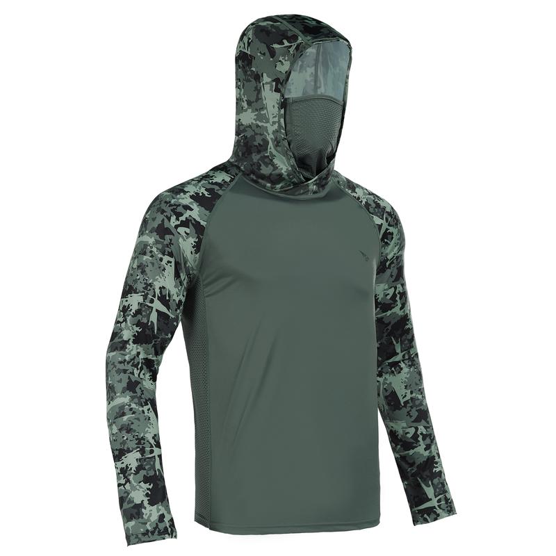Sun UV Protection Hoodie Shirts, UPF 50+ Men Raglan Long Sleeve Lightweight Quick Dry Breathable Cooling Rash Guard with Mask Neck Gaiter for Outdoor, Hiking, Fishing, Boating, Biking, Sport, Gym, Constructing, Roofing, Landscaping, Gardening 915