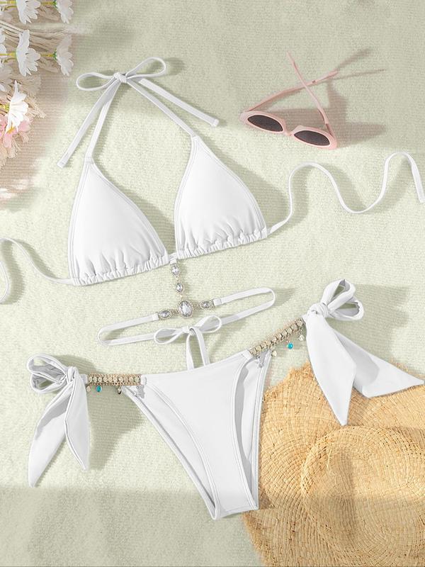 Women's Halter Tie Back Triangle Bra & Ring Linked Panty Bikini Set, Sexy Trendy Summer Swimsuit Set, Ladies Swimwear Rave Outfits, Beach Bikini Set, Halter Bathing Suit, Halter Swim Top, Halter Bikini Sets