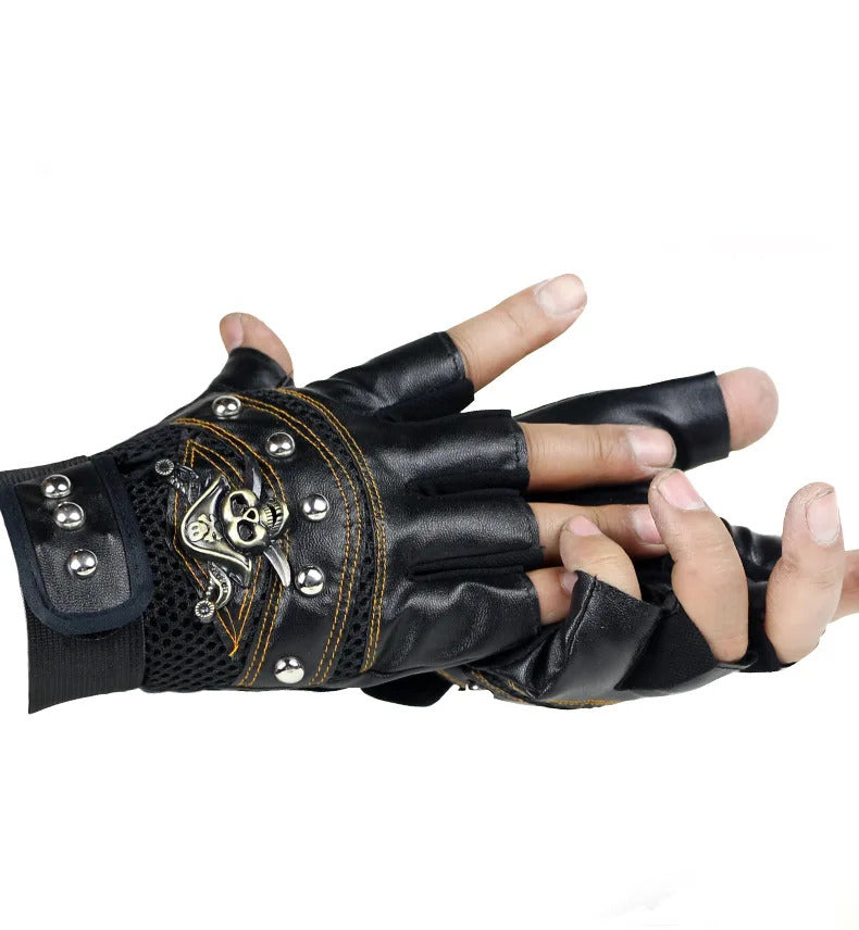 Punk Skulls Rivet PU Leather Gloves Men Women Fashion Hip Hop Anti-slip Half Finger Gloves Summer Cycling Motorcycle Accessories