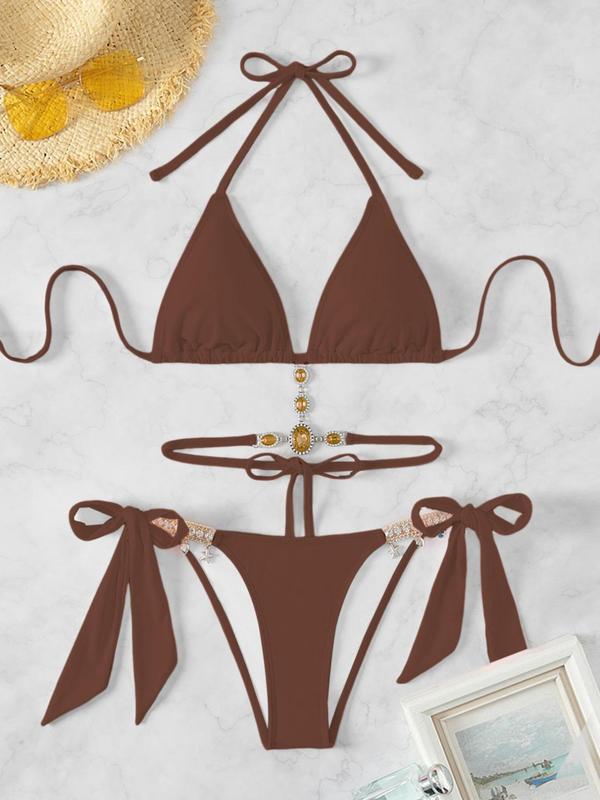 Women's Halter Tie Back Triangle Bra & Ring Linked Panty Bikini Set, Sexy Trendy Summer Swimsuit Set, Ladies Swimwear Rave Outfits, Beach Bikini Set, Halter Bathing Suit, Halter Swim Top, Halter Bikini Sets