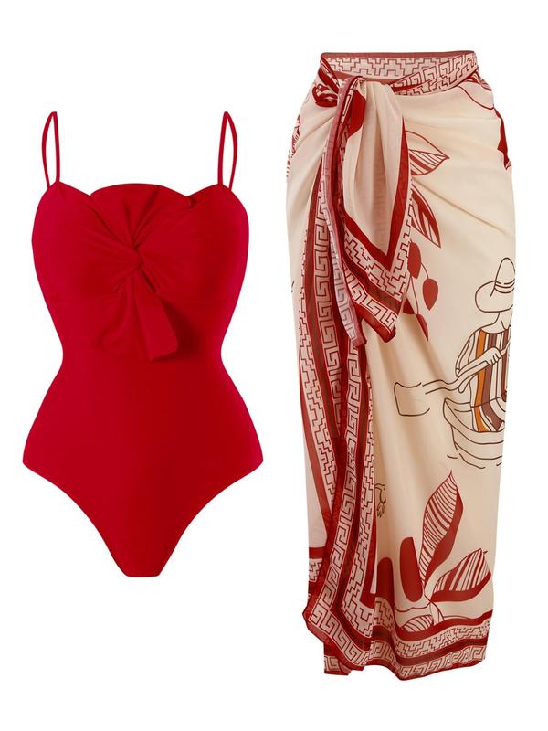 Women's Solid Twist One-piece Swimwear & Leaf Print Tie Front Cover Up Skirt Set, Boho Fashion Adjustable Strap Swimwear Set for Beach Holiday Vacation, Ladies Swimsuit for All Seasons