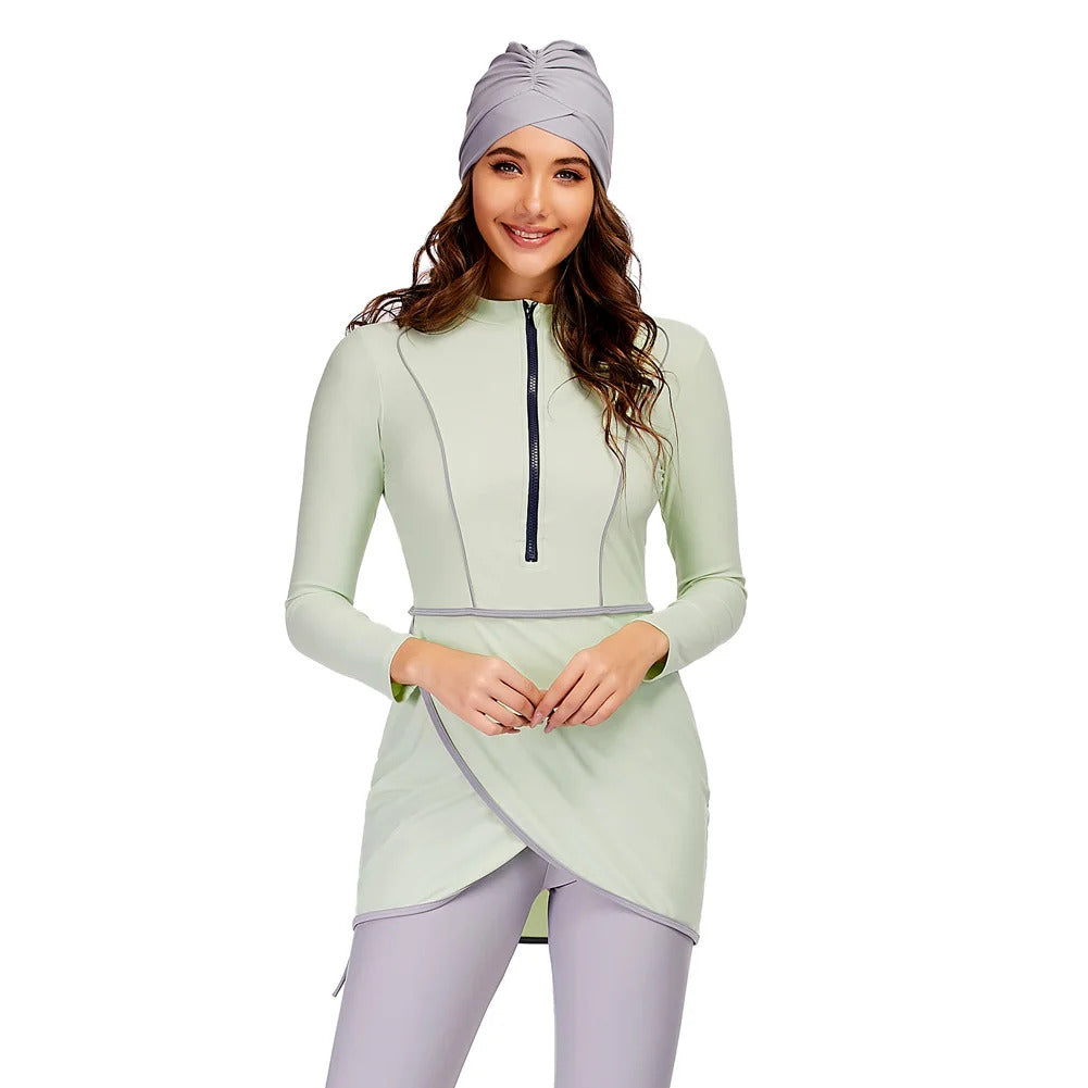 New Muslim Swimwear Women Modest Patchwork Hijab Long Sleeves Sport Swimsuit 3pcs Islamic Burkinis Wear Bathing Suit