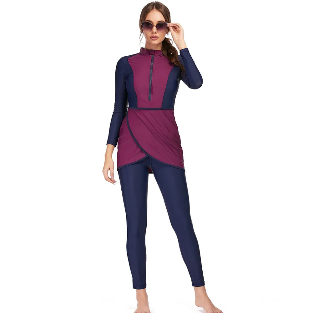 New Muslim Swimwear Women Modest Patchwork Hijab Long Sleeves Sport Swimsuit 3pcs Islamic Burkinis Wear Bathing Suit