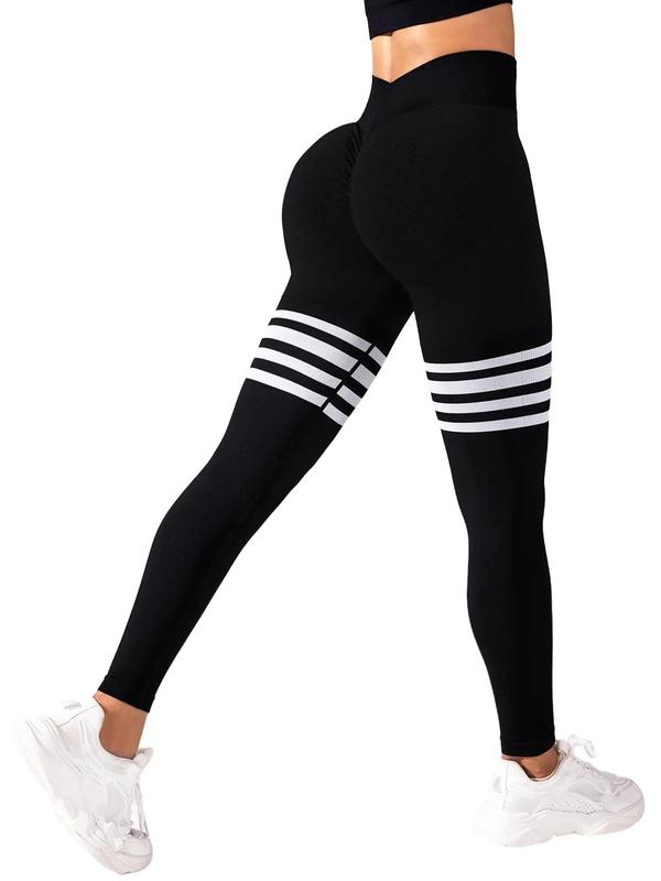Sporty Women's Striped Print Ruched V-waist Back Sports Leggings, High Stretch Seamless Yoga Leggings, Ladies Sportswear for Indoor Outdoor Wear, Tummy Control Leggings, Legging Pants, Legging Fitness, Gym Yoga Clothing