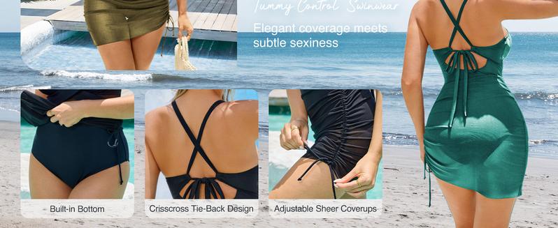 Women One Piece Swimsuits Tummy Control Cutout Tie Back High Waisted Swimwear Slimming Mesh Sheer Wraps Bathing Suit Tankini Outfit