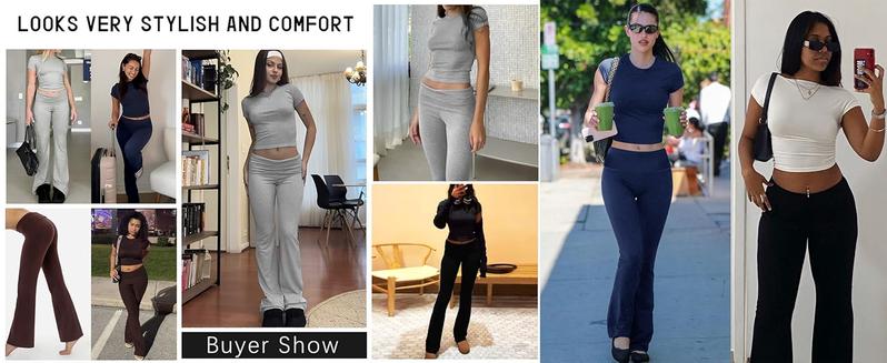 Yoga Women's two-piece casual wear slim fit short sleeved top, low waist bell bottom pants tight pants set, yoga sportswear set, yoga suit, sportswear, slim fit set, fitness set, pajamas set   tracksuits men Loungewear Womenswear Outfit