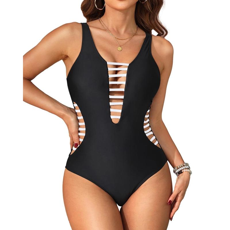Women Sexy One Piece Swimsuits Plunge Deep V Neck Cutout Bathing Suits