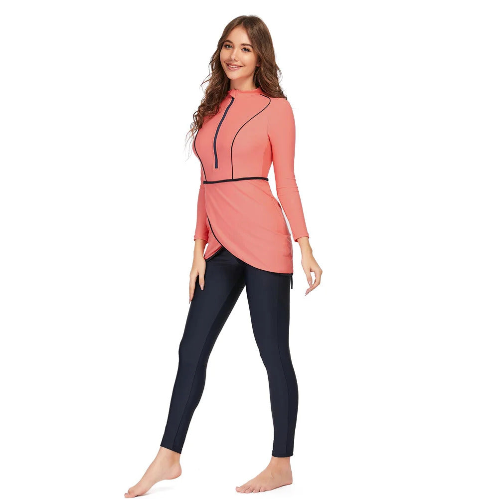 New Muslim Swimwear Women Modest Patchwork Hijab Long Sleeves Sport Swimsuit 3pcs Islamic Burkinis Wear Bathing Suit