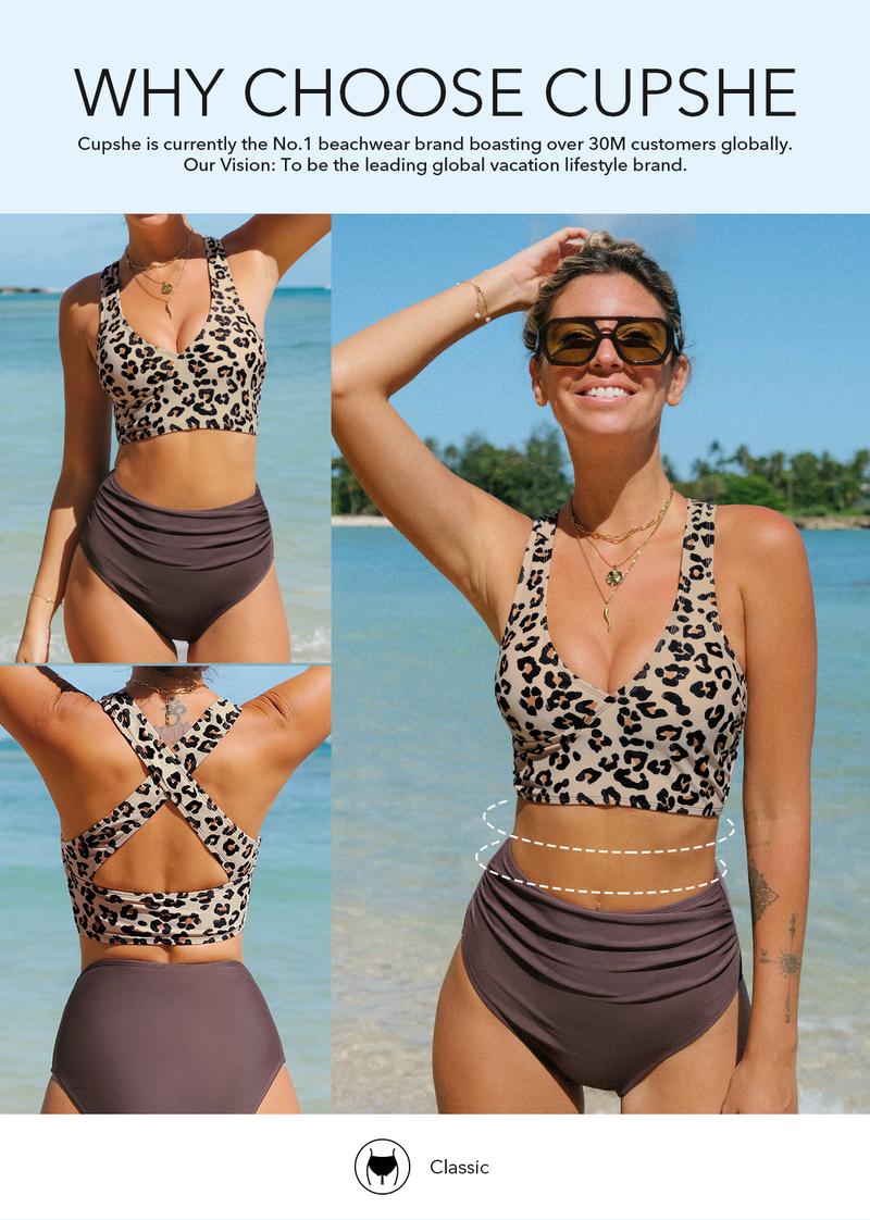 Classic Leopard Print Cross Back Midkini & High Waist Bikini Set Stylish Beachwear V Neck Cutout Swimwear Casual Swimsuit(XS-XXL) Bathing Suits #TikTokShopBacktoSchool