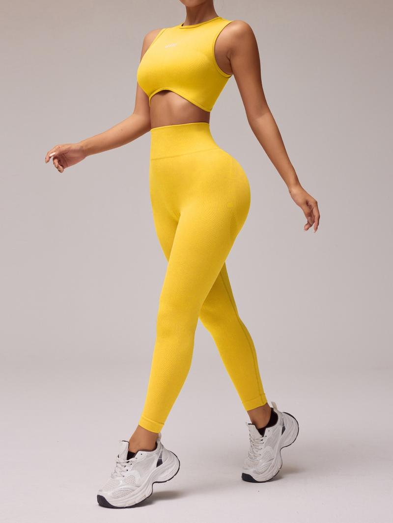 Women's Letter Pattern Crop Tank Top & High Waist Leggings Tracksuit Set, Casual Comfy Breathable Seamless for Yoga Gym Workout Running, Ladies Sportswear for All Seasons, Workout Clothes, Fitness Clothes, Sleeveless Gym Tops, Athleisure Wear