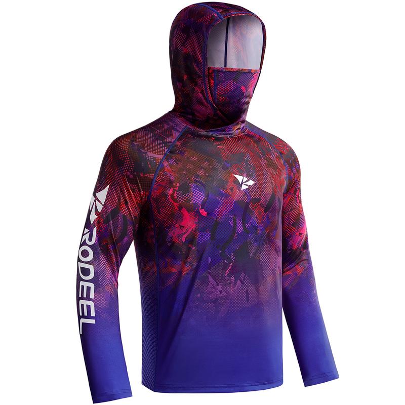 Sun UV Protection Hoodie Shirts, UPF 50+ Men Raglan Long Sleeve Lightweight Quick Dry Breathable Cooling Rash Guard with Mask Neck Gaiter for Outdoor, Hiking, Fishing, Boating, Biking, Sport, Gym, Constructing, Roofing, Landscaping, Gardening 915