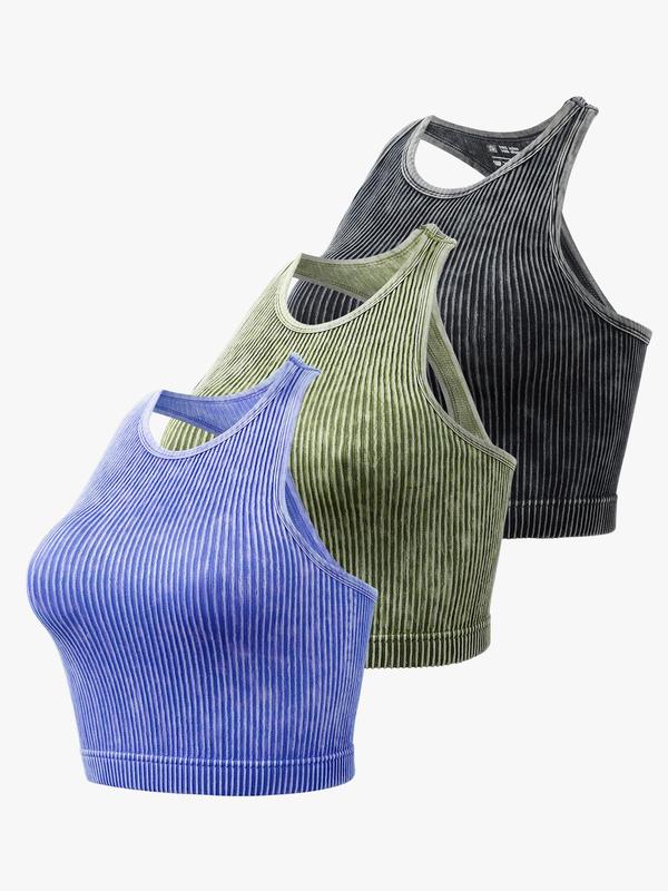 Women's Plain Round Neck Ribbed Sports Vest, Casual Sleeveless Crop Racer Back Tank Top for Pickleball Tennis Yoga Gym Workout, Women Sport & Outdoor Clothing for Summer
