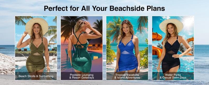 Women One Piece Swimsuits Tummy Control Cutout Tie Back High Waisted Swimwear Slimming Mesh Sheer Wraps Bathing Suit Tankini Outfit
