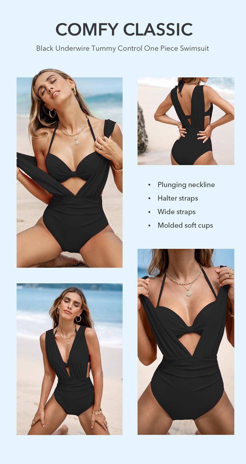 Women's Underwire Tummy Control One Piece Swimsuit Casual Beachwear Deep V Neck High Bust Support Summer Beach Trendy Swimwear Bathing Suits #TikTokShopLaborDaySale