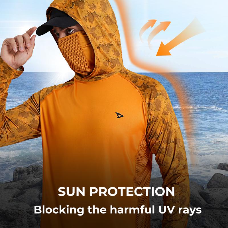 Sun UV Protection Hoodie Shirts, UPF 50+ Men Raglan Long Sleeve Lightweight Quick Dry Breathable Cooling Rash Guard with Mask Neck Gaiter for Outdoor, Hiking, Fishing, Boating, Biking, Sport, Gym, Constructing, Roofing, Landscaping, Gardening 915