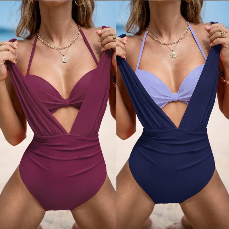 Women's Underwire Tummy Control One Piece Swimsuit Casual Beachwear Deep V Neck High Bust Support Summer Beach Trendy Swimwear Bathing Suits #TikTokShopLaborDaySale