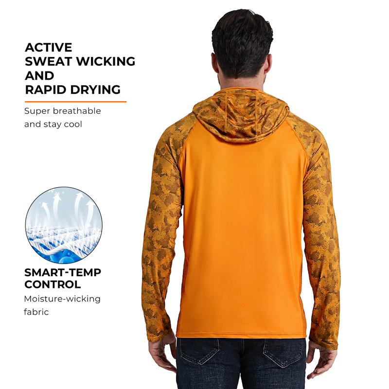 Sun UV Protection Hoodie Shirts, UPF 50+ Men Raglan Long Sleeve Lightweight Quick Dry Breathable Cooling Rash Guard with Mask Neck Gaiter for Outdoor, Hiking, Fishing, Boating, Biking, Sport, Gym, Constructing, Roofing, Landscaping, Gardening 915