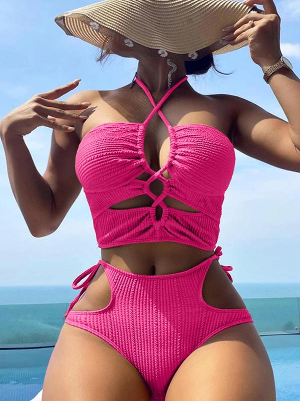 Women's Criss Cross Cut Out Ruched Ribbed Bikini Set, Solid Tie Back Halter Swim Top & High Waist Tie Side Swim Bottom, Bathing Suits for Summer Two Piece Set Women, Swimsuit for Women, Bikinis Sets, Swimwear Set