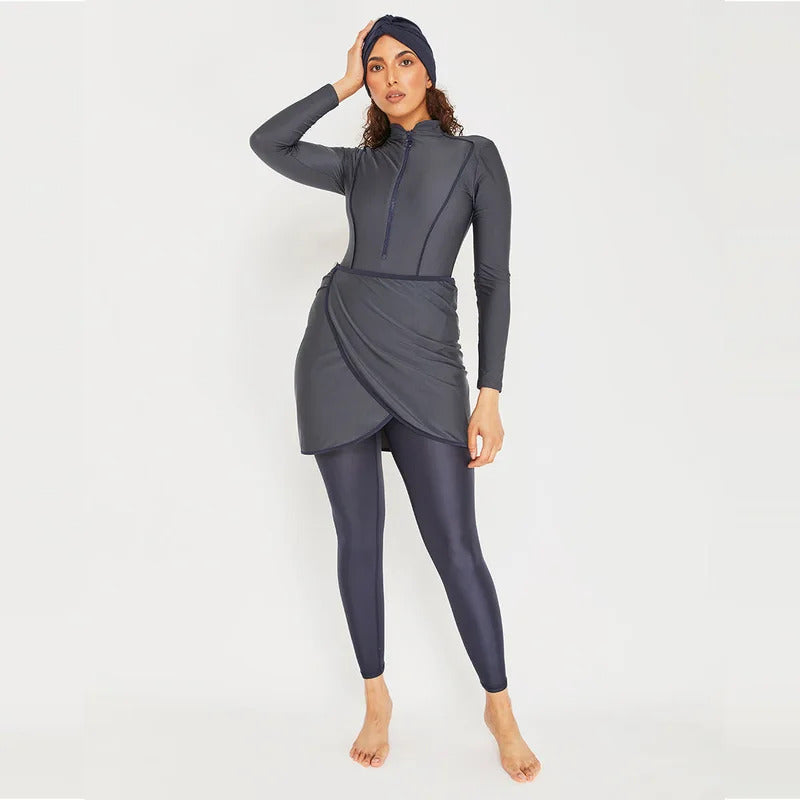 New Muslim Swimwear Women Modest Patchwork Hijab Long Sleeves Sport Swimsuit 3pcs Islamic Burkinis Wear Bathing Suit
