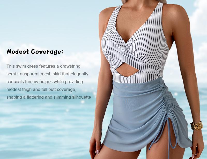 Women Mesh One Piece Swimdress Swimsuit Tummy Control V Neck Cutout Bathing Suit Wrap Drawstring Sarong Swimwear Deals for You Days