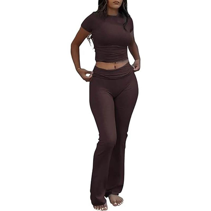 Yoga Women's two-piece casual wear slim fit short sleeved top, low waist bell bottom pants tight pants set, yoga sportswear set, yoga suit, sportswear, slim fit set, fitness set, pajamas set   tracksuits men Loungewear Womenswear Outfit