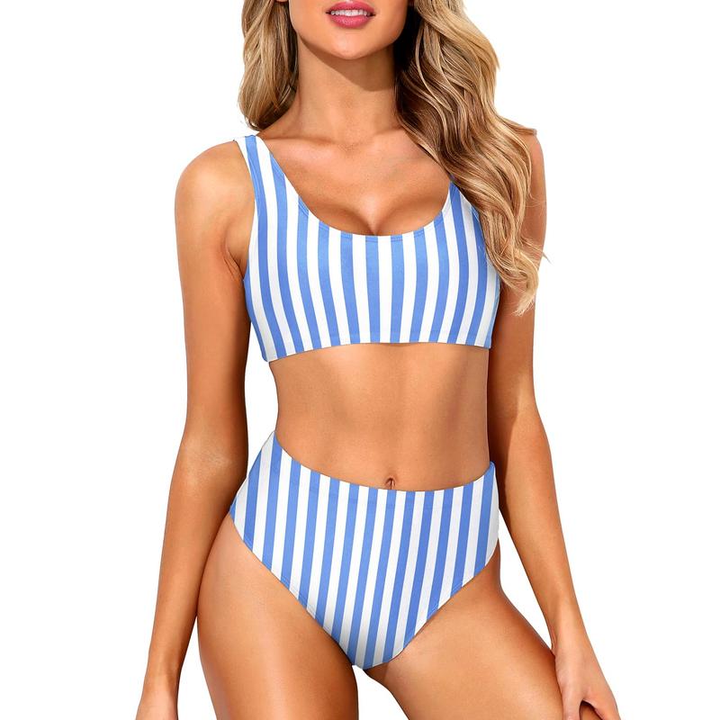Women Two Piece Scoop Neck Bikini Crop Top High Cut Swimsuit Sporty High Waisted Bathing Suit with Bottoms
