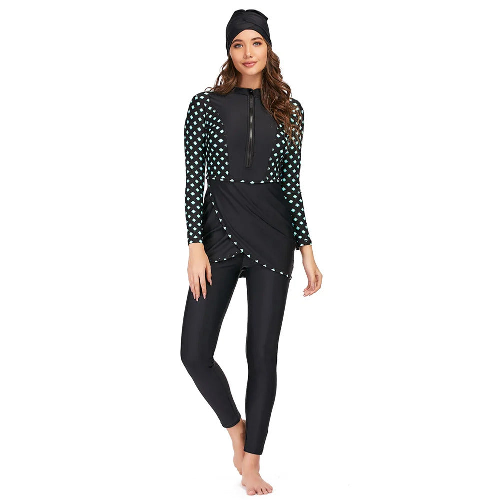 New Muslim Swimwear Women Modest Patchwork Hijab Long Sleeves Sport Swimsuit 3pcs Islamic Burkinis Wear Bathing Suit