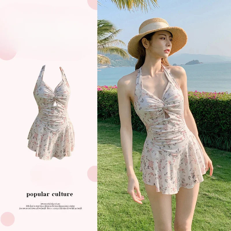 Swimming Suit for Women Solid Color Slimming One-piece Dress Style Conservative Waist Tightening Slimming Vacation Swimsuit