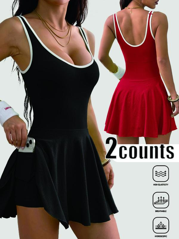 Women's Solid Contrast Trim Backless Sports Dress, High Stretch Sporty Comfortable Breathable Sports Dress with Built-in Pocket, Ladies Sportswear for All Seasons, Tennis Attire, Sporty Chic Dress, Gym Dress, Tennis Athletic Dress, Yoga Active Dress