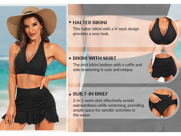 Womens High Waisted Bikini with Skirt Two Piece Swimsuit with Tummy Control Halter Bathing Suit V Neck Bikini Top with Built-in Bottom Bikini Skirt Full Coverage Bikini  dealsforyoudays