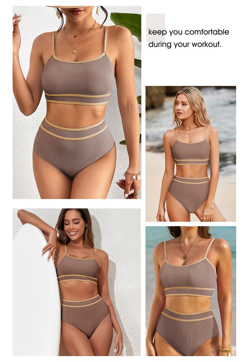 Women's Ribbed Bikini Sets Color Block Swimsuit High Waisted Bathing Suit Swimming Clothing Beach Water Sports Swimwear