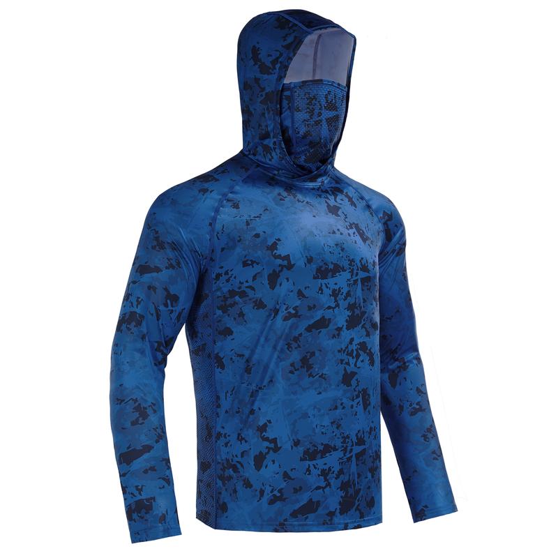Sun UV Protection Hoodie Shirts, UPF 50+ Men Raglan Long Sleeve Lightweight Quick Dry Breathable Cooling Rash Guard with Mask Neck Gaiter for Outdoor, Hiking, Fishing, Boating, Biking, Sport, Gym, Constructing, Roofing, Landscaping, Gardening 915