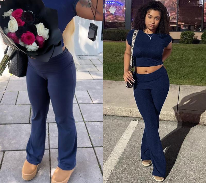 Yoga Women's two-piece casual wear slim fit short sleeved top, low waist bell bottom pants tight pants set, yoga sportswear set, yoga suit, sportswear, slim fit set, fitness set, pajamas set   tracksuits men Loungewear Womenswear Outfit