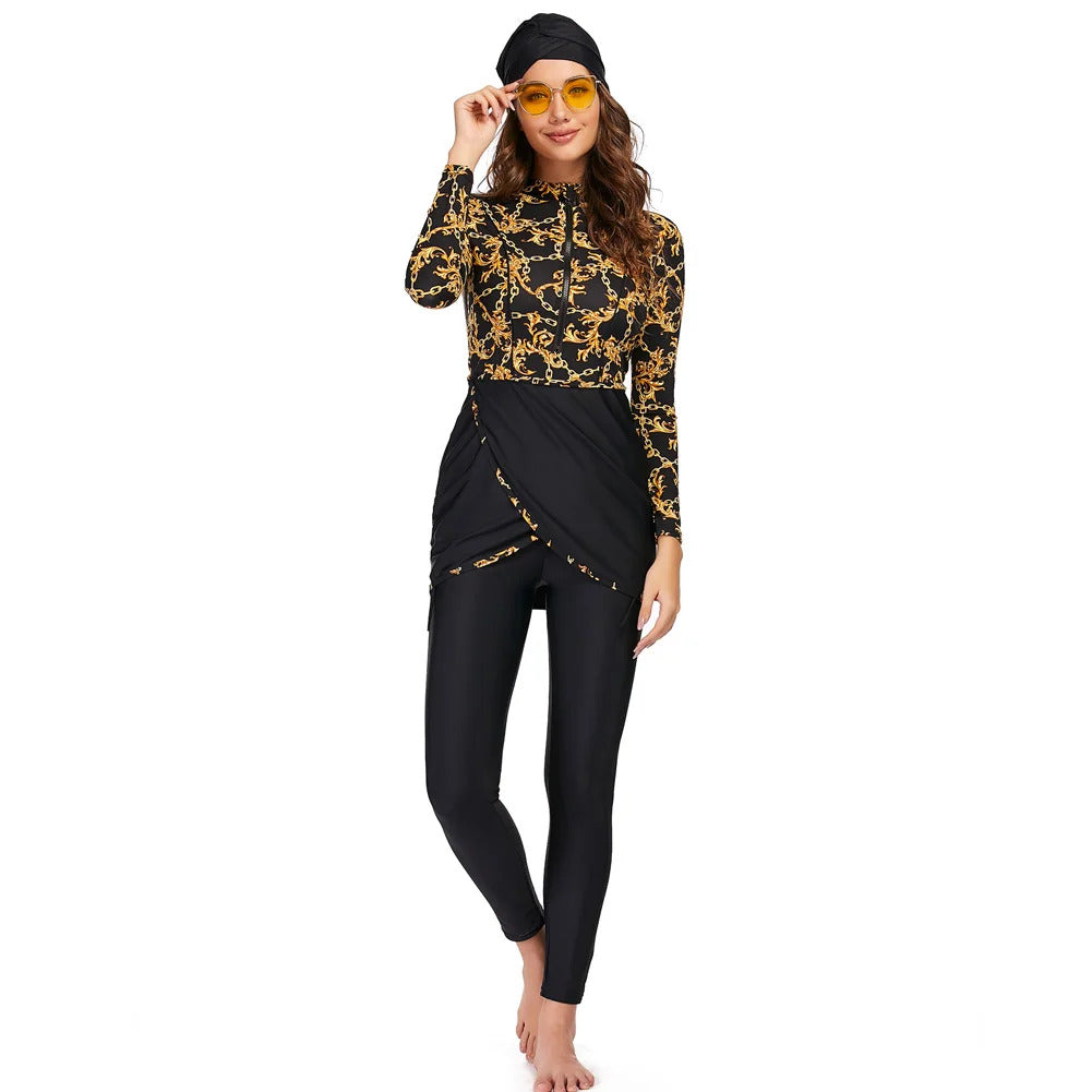 New Muslim Swimwear Women Modest Patchwork Hijab Long Sleeves Sport Swimsuit 3pcs Islamic Burkinis Wear Bathing Suit