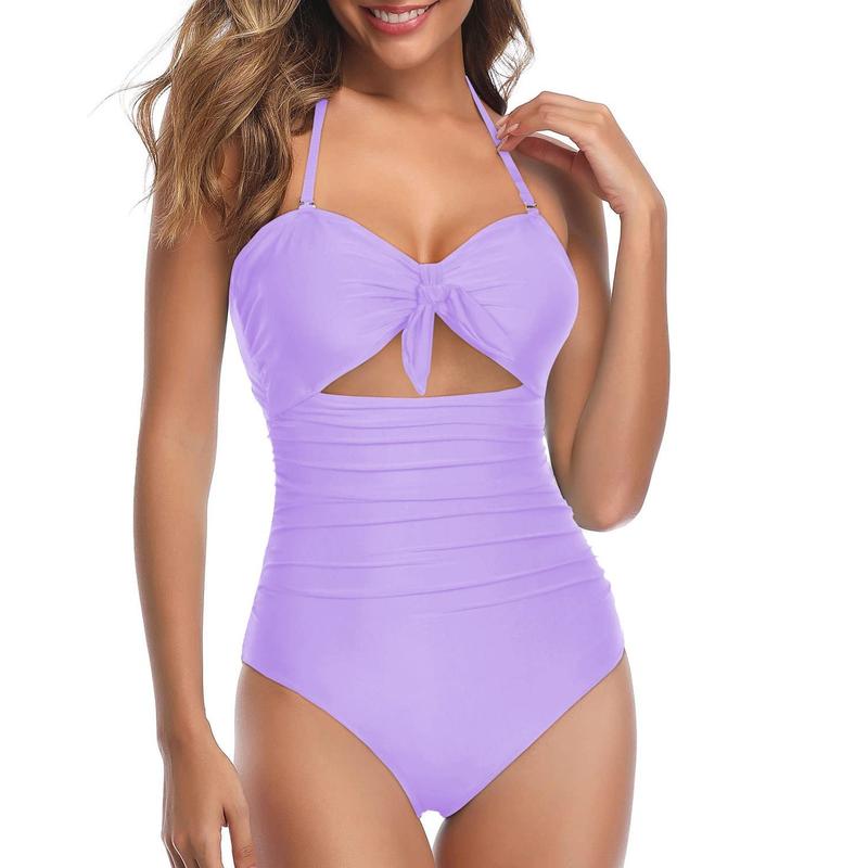 Women Sexy Cutout One Piece Swimsuits Tummy Control High Waisted Halter Front Tie Knot Bathing Suit Plus Size Full Coverage Swimsuit for Women