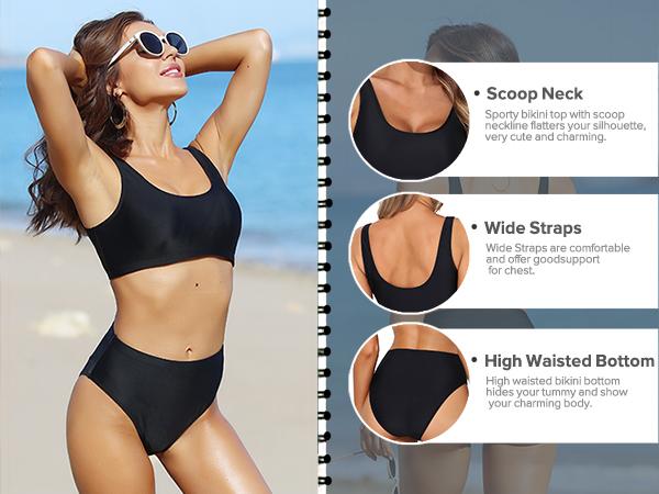 Women Two Piece Scoop Neck Bikini Crop Top High Cut Swimsuit Sporty High Waisted Bathing Suit with Bottoms
