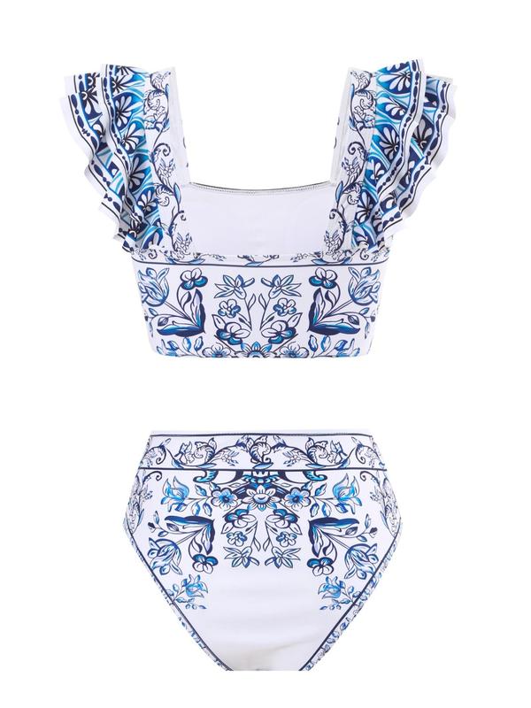 Three-piece Set Women's Floral Print Swimsuit Set, Boho Fashion Layered Ruffle Trim Swim Top & Swim Panty & Cover Up Skirt Set, Three-piece Swimwear for Beach Holiday Vacation, Bikini Sets, Modest Swimming Wear, Bathing Suits, Bikinis Sets