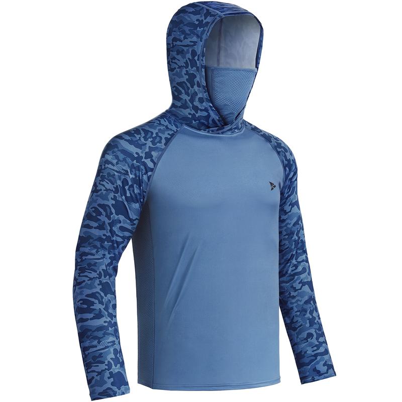 Sun UV Protection Hoodie Shirts, UPF 50+ Men Raglan Long Sleeve Lightweight Quick Dry Breathable Cooling Rash Guard with Mask Neck Gaiter for Outdoor, Hiking, Fishing, Boating, Biking, Sport, Gym, Constructing, Roofing, Landscaping, Gardening 915