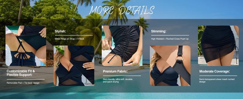 Women One Piece Swimsuits Tummy Control Cutout Tie Back High Waisted Swimwear Slimming Mesh Sheer Wraps Bathing Suit Tankini Outfit