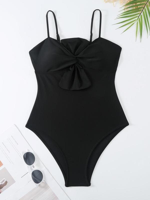 Women's Solid Twist One-piece Swimwear & Leaf Print Tie Front Cover Up Skirt Set, Boho Fashion Adjustable Strap Swimwear Set for Beach Holiday Vacation, Ladies Swimsuit for All Seasons